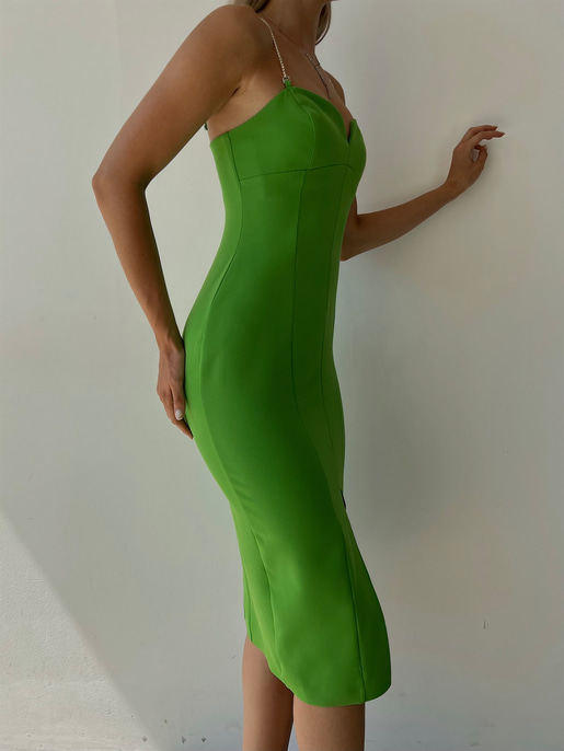 Midi Boy Likralı İnce Taş Askılı Yırtmaçlı Manlio Kadın Yeşil Elbise 22Y000466