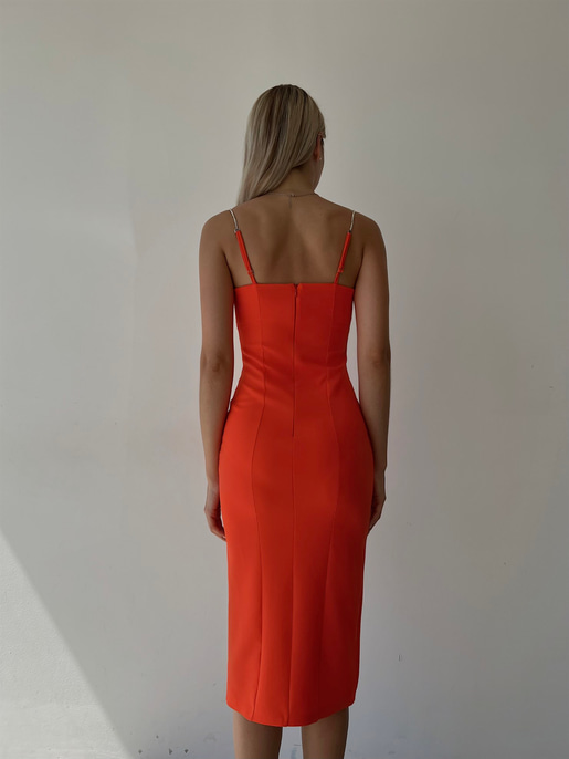 Midi Boy Likralı İnce Taş Askılı Yırtmaçlı Manlio Kadın Oranj Elbise 22Y000466