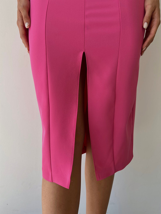 Midi Boy Likralı İnce Taş Askılı Yırtmaçlı Manlio Kadın Fuşya Elbise 22Y000466