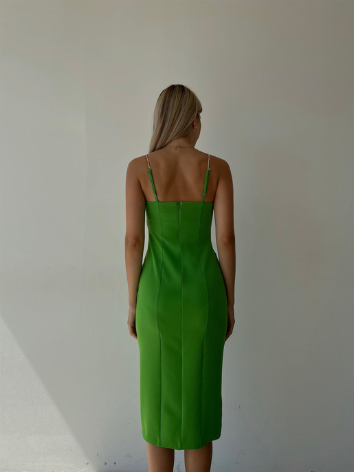 Midi Boy Likralı İnce Taş Askılı Yırtmaçlı Manlio Kadın Yeşil Elbise 22Y000466