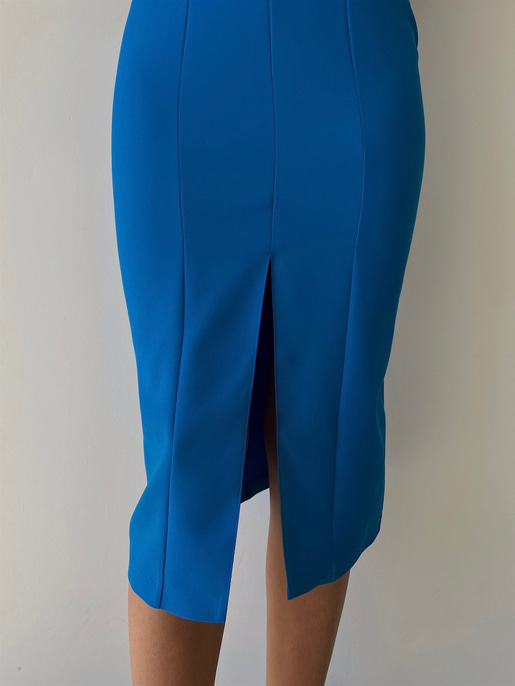 Midi Boy Likralı İnce Taş Askılı Yırtmaçlı Manlio Kadın Saks Elbise 22Y000466