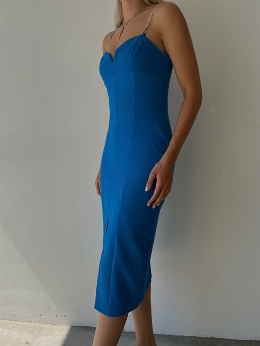 Midi Boy Likralı İnce Taş Askılı Yırtmaçlı Manlio Kadın Saks Elbise 22Y000466