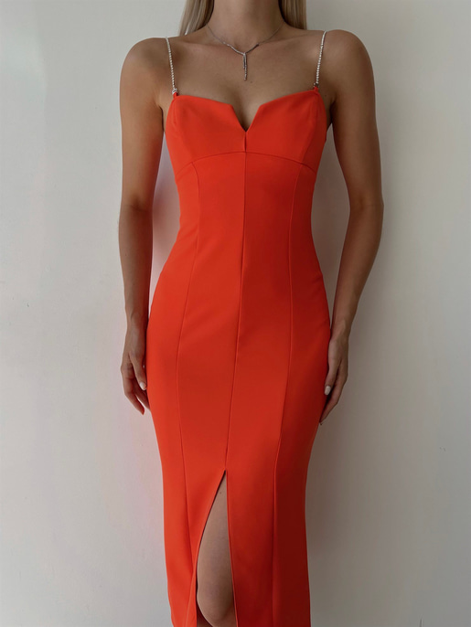Midi Boy Likralı İnce Taş Askılı Yırtmaçlı Manlio Kadın Oranj Elbise 22Y000466