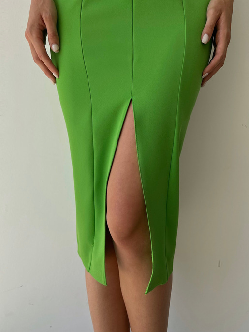 Midi Boy Likralı İnce Taş Askılı Yırtmaçlı Manlio Kadın Yeşil Elbise 22Y000466