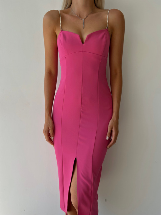 Midi Boy Likralı İnce Taş Askılı Yırtmaçlı Manlio Kadın Fuşya Elbise 22Y000466