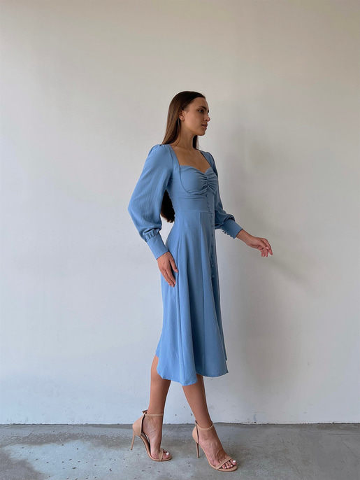 Midi Boydan Düğme Detaylı Kalp Yaka Dionis Kadın İndigo Elbise 22K000450