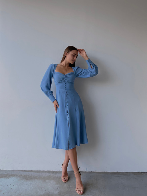 Midi Boydan Düğme Detaylı Kalp Yaka Dionis Kadın İndigo Elbise 22K000450