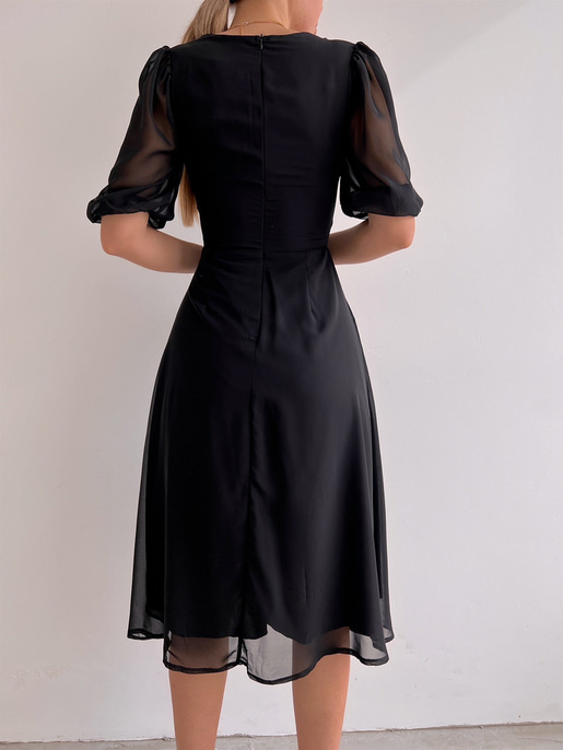 Midi Göğüs Kruvaze İnce Tül Detay Yırtmaçlı Annabel Kadın Siyah Elbise 22Y000017