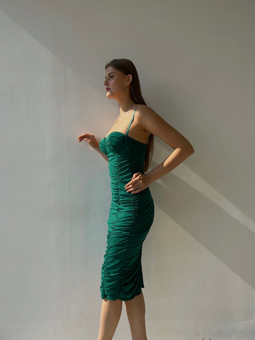 Midi Göğüs Kuplu Büzgülü Mellona Kadın Yeşil Kalem Elbise Elbise 22Y000326