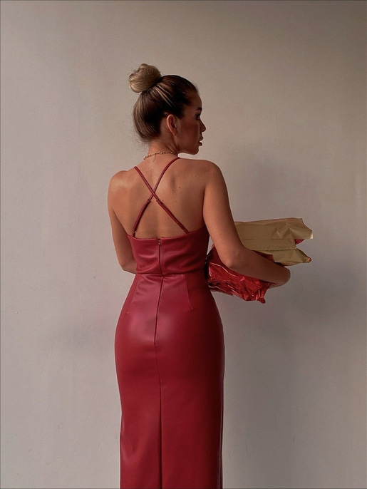 Midi Önden Yırtmaçlı Askılı Alessa Kadın Kırmızı Deri Elbise 22K000418