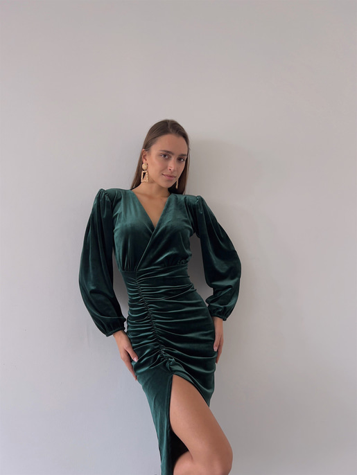 Midi Önden Yırtmaçlı Lucetta Kadın Zümrüt Kadife Elbise 22K000422