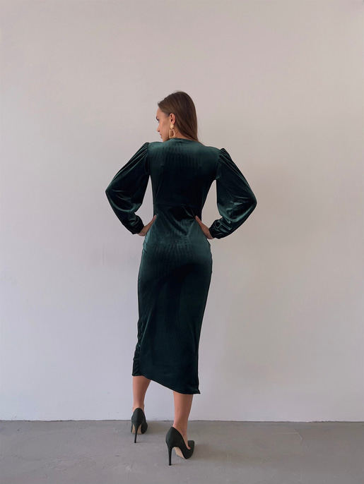Midi Önden Yırtmaçlı Lucetta Kadın Zümrüt Kadife Elbise 22K000422