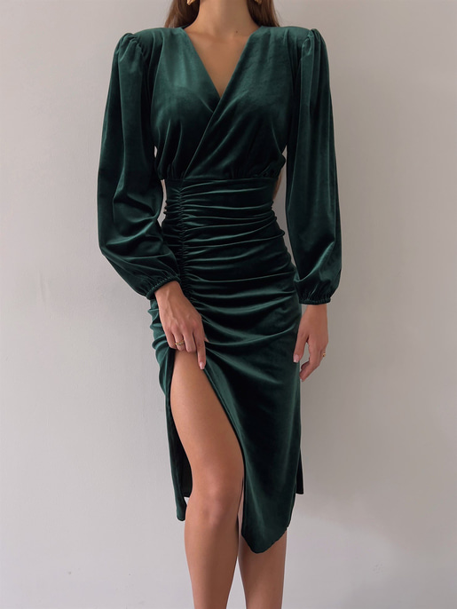 Midi Önden Yırtmaçlı Lucetta Kadın Zümrüt Kadife Elbise 22K000422