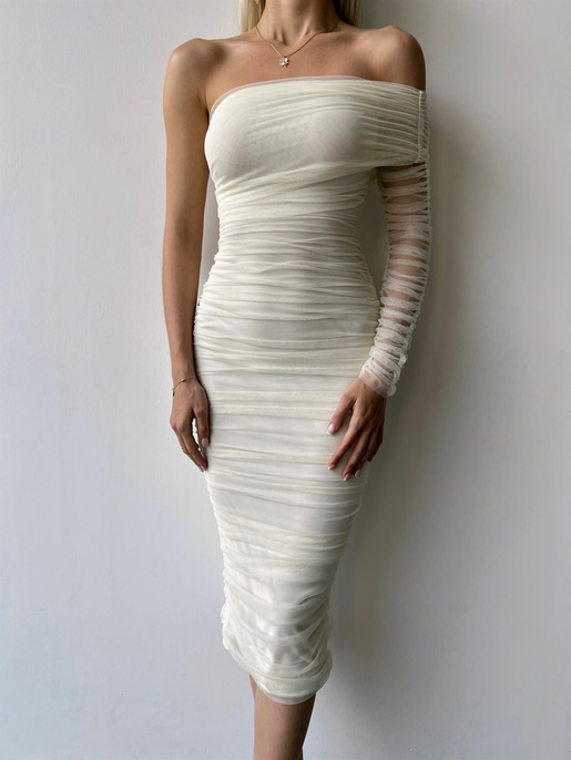 Midi Tek Kol Büzgülü Ninfe Kadın Ekru Tül Elbise 22K000524