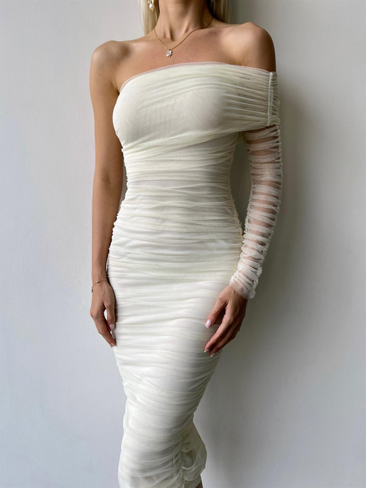 Midi Tek Kol Büzgülü Ninfe Kadın Ekru Tül Elbise 22K000524