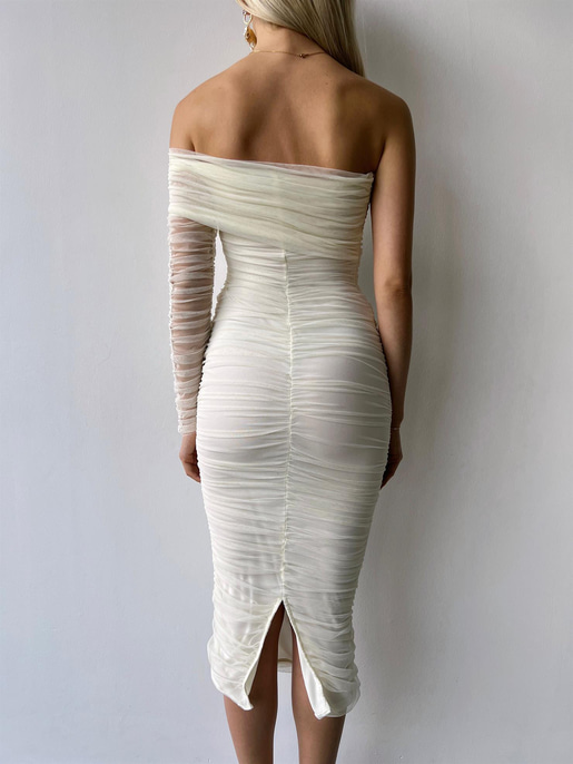Midi Tek Kol Büzgülü Ninfe Kadın Ekru Tül Elbise 22K000524