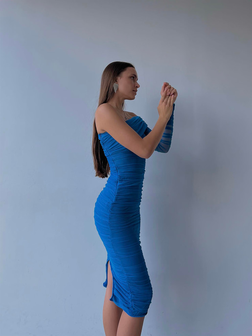 Midi Tek Kol Büzgülü Ninfe Kadın Mavi Tül Elbise 22K000524