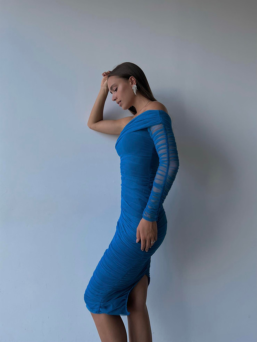 Midi Tek Kol Büzgülü Ninfe Kadın Mavi Tül Elbise 22K000524