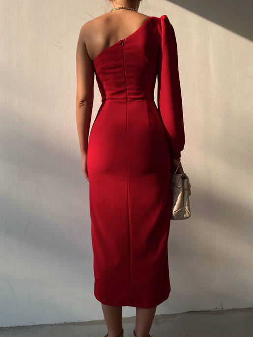 Midi Tek Kol Önden Yırtmaçlı Akira Kadın Kırmızı Elbise 22K000228