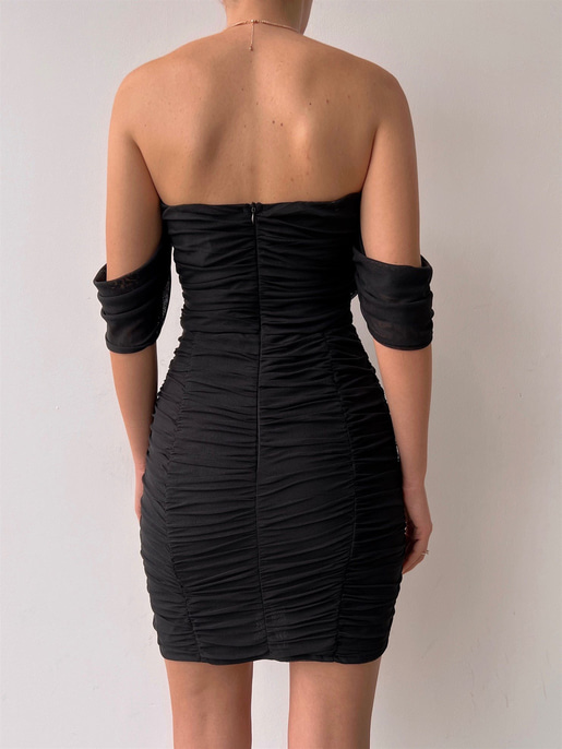 Mini Açık Omuz Drapeli Antonia Kadın Siyah Tül Elbise 22Y000040