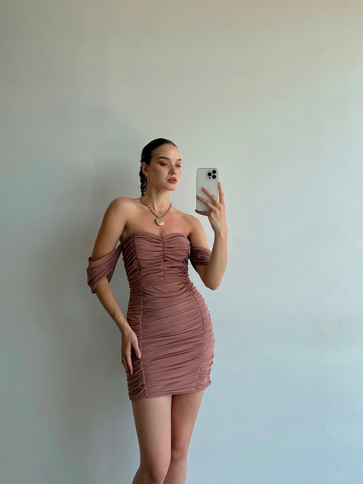 Mini Açık Omuz Drapeli Antonia Kadın Vizon Tül Elbise 22Y000040