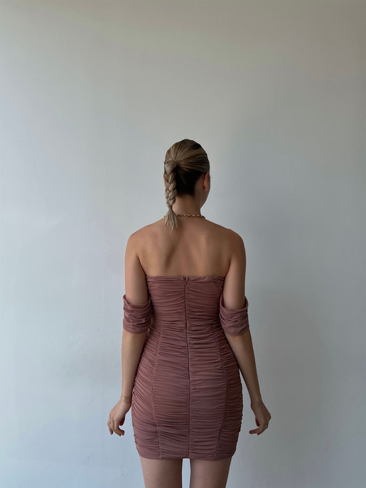 Mini Açık Omuz Drapeli Antonia Kadın Vizon Tül Elbise 22Y000040