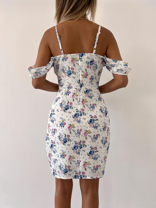 Mini Boy Çiçekli Eteği Kruvaze Model Drapeli Karen Kadın Beyaz Elbise 22Y000299