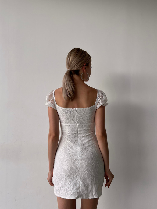 Mini Boy Dantel Göğüsten Bağcıklı Yırtmaçlı Lope Kadın Beyaz Elbise 22Y000387