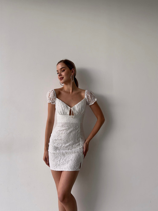 Mini Boy Dantel Göğüsten Bağcıklı Yırtmaçlı Lope Kadın Beyaz Elbise 22Y000387