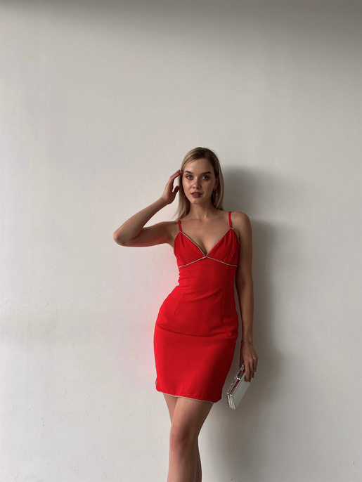 Mini Boy Etek Ve Göğüs Çevresi Taş Detay Jalyn Kadın Kırmızı Elbise 22Y000297