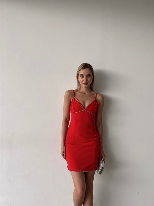 Mini Boy Etek Ve Göğüs Çevresi Taş Detay Jalyn Kadın Kırmızı Elbise 22Y000297