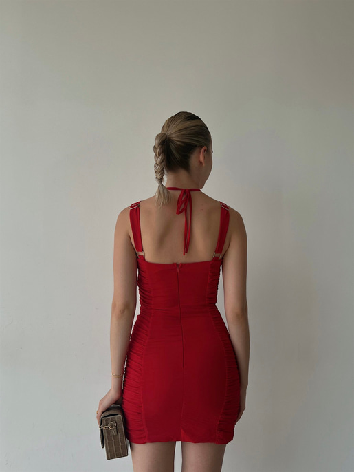 Mini Boy Omuz Ve Boyundan Askılı Drapeli Vice Kadın Kırmızı Elbise 22Y000362