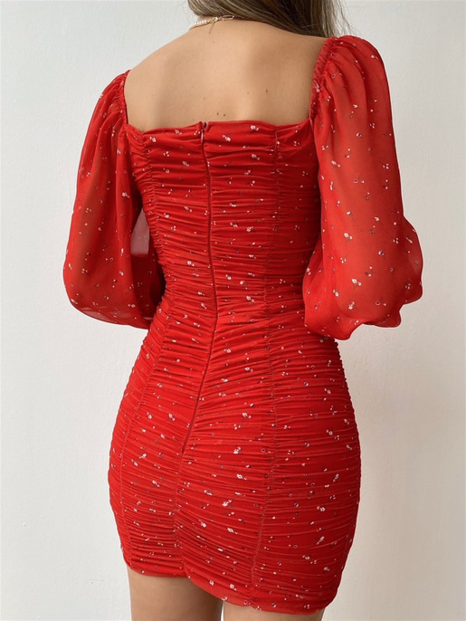 Mini Çiçek Desenli Drapeli Nora Kadın Kırmızı Şifon Elbise 21Y000273