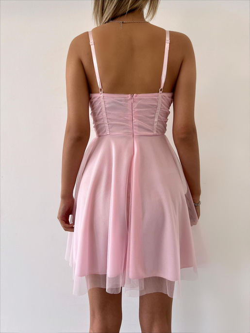 Mini Kiloş Kesim Göğüs Dolgulu İnce Askı  Santos Kadın Pudra Tül Elbise 22Y000200