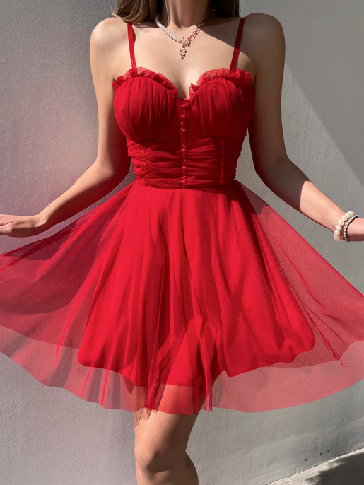 Mini Kiloş Kesim Göğüs Dolgulu İnce Askı  Santos Kadın Kırmızı Tül Elbise 22Y000200
