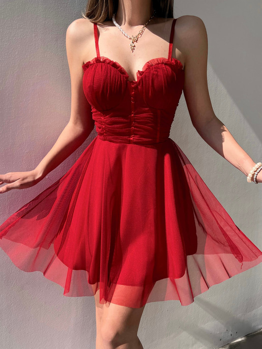 Mini Kiloş Kesim Göğüs Dolgulu İnce Askı  Santos Kadın Kırmızı Tül Elbise 22Y000200