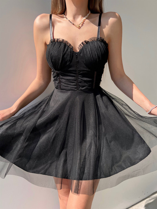 Mini Kiloş Kesim Göğüs Dolgulu İnce Askı  Santos Kadın Siyah Tül Elbise 22Y000200