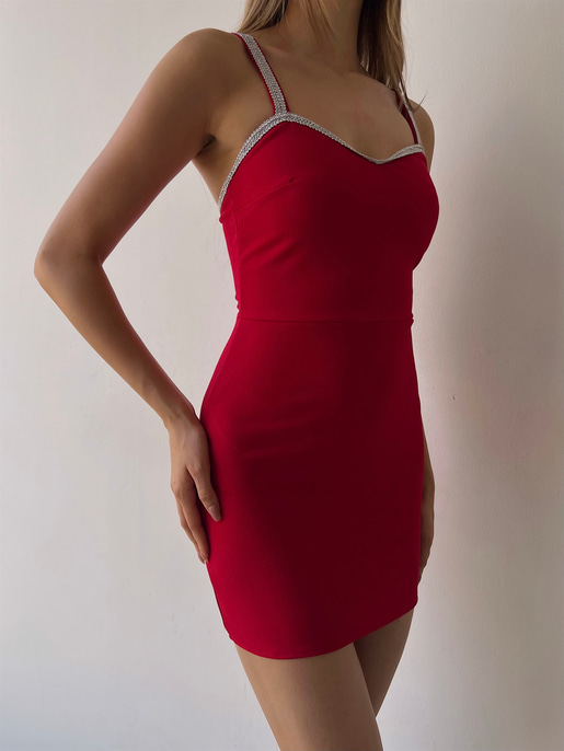 Mini Şerit Detay Askılı Likralı Norma Kadın Kırmızı Elbise 22K000588