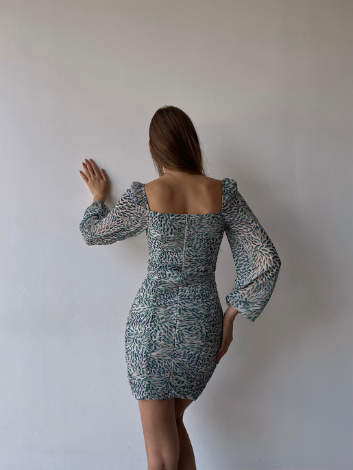 Mini Yaprak Desenli Drapeli Nora Kadın Yeşil Şifon Elbise 21Y000273