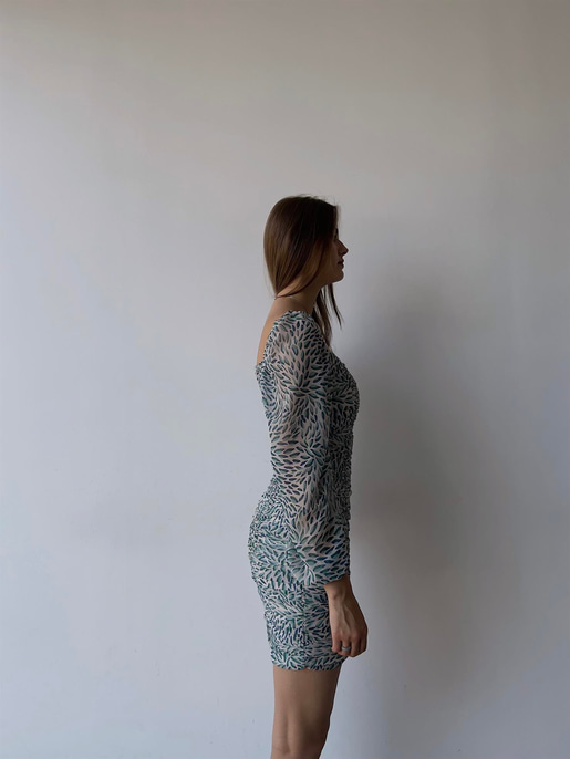 Mini Yaprak Desenli Drapeli Nora Kadın Yeşil Şifon Elbise 21Y000273