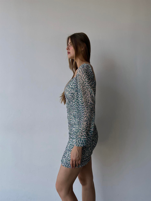 Mini Yaprak Desenli Drapeli Nora Kadın Yeşil Şifon Elbise 21Y000273