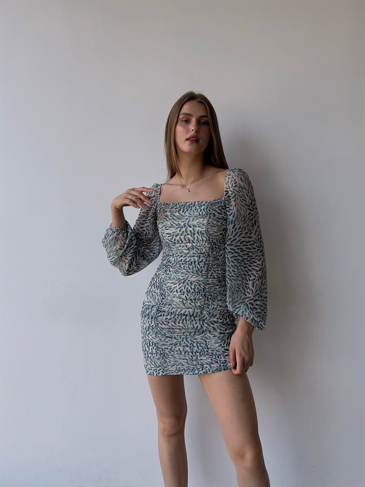 Mini Yaprak Desenli Drapeli Nora Kadın Yeşil Şifon Elbise 21Y000273