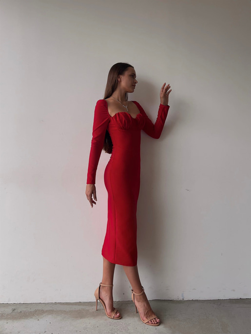 Omuz Lastik Kol Göğüs Büzgü Detay Bernardo Kadın Kırmızı Midi Boy Elbise 23K000128