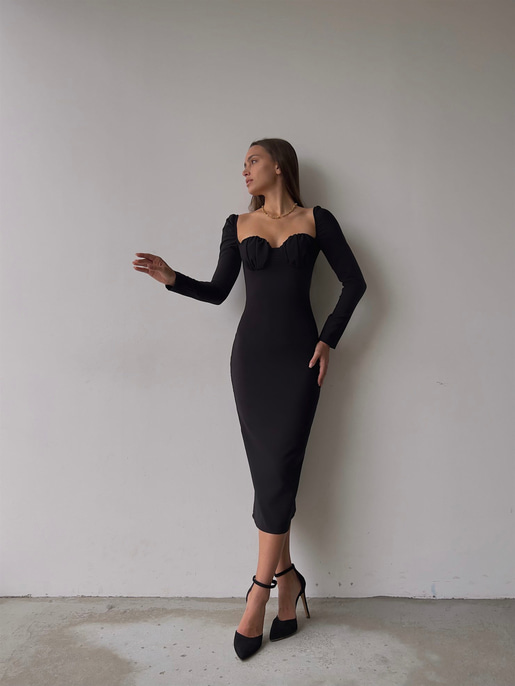 Omuz Lastik Kol Göğüs Büzgü Detay Bernardo Kadın Siyah Midi Boy Elbise 23K000128