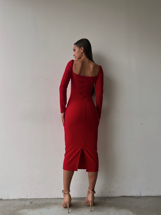 Omuz Lastik Kol Göğüs Büzgü Detay Bernardo Kadın Kırmızı Midi Boy Elbise 23K000128