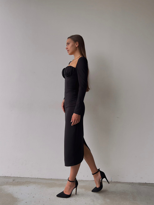 Omuz Lastik Kol Göğüs Büzgü Detay Bernardo Kadın Siyah Midi Boy Elbise 23K000128