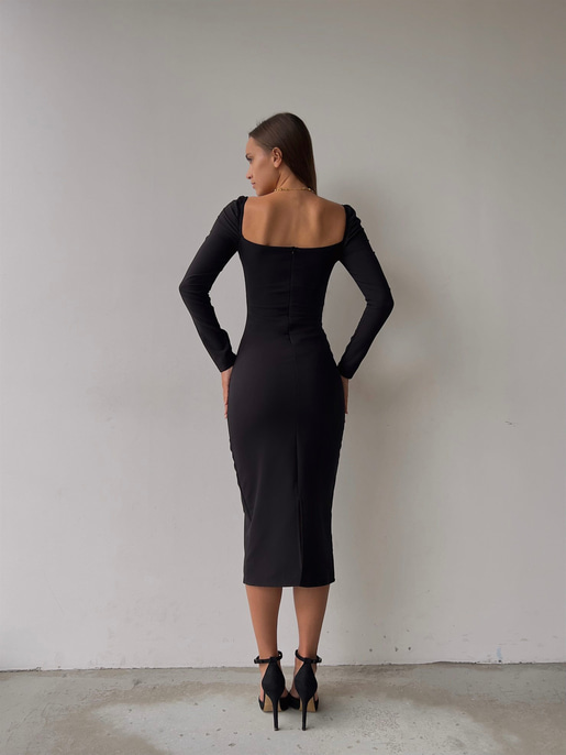 Omuz Lastik Kol Göğüs Büzgü Detay Bernardo Kadın Siyah Midi Boy Elbise 23K000128