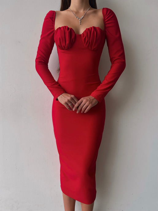 Omuz Lastik Kol Göğüs Büzgü Detay Bernardo Kadın Kırmızı Midi Boy Elbise 23K000128