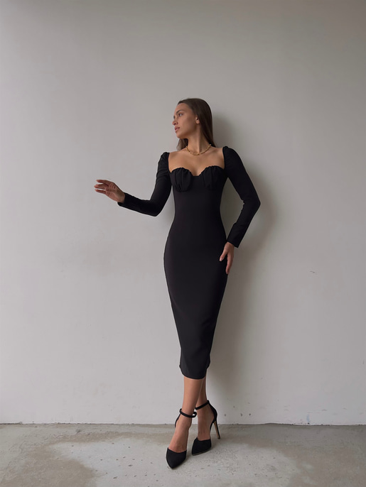 Omuz Lastik Kol Göğüs Büzgü Detay Bernardo Kadın Siyah Midi Boy Elbise 23K000128