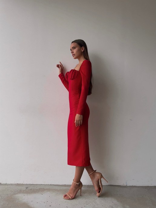 Omuz Lastik Kol Göğüs Büzgü Detay Bernardo Kadın Kırmızı Midi Boy Elbise 23K000128